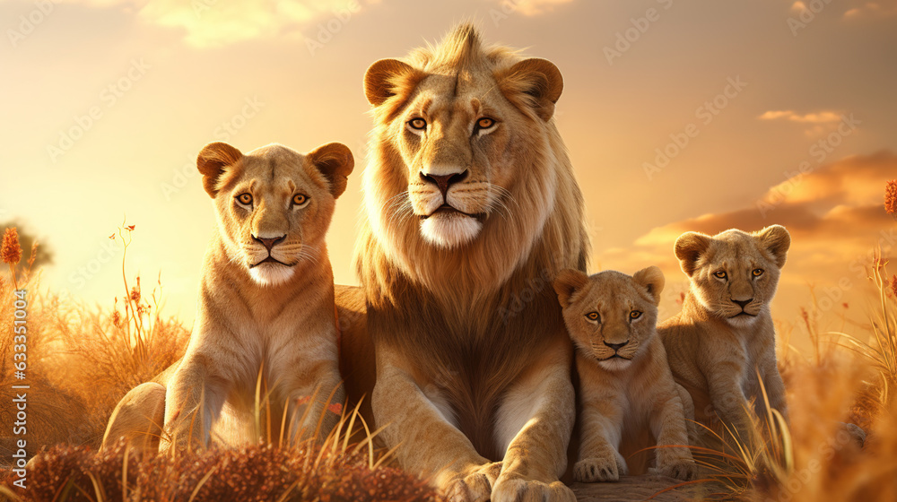 Group of lions on the savanna. Generative AI - obrazy, fototapety, plakaty 