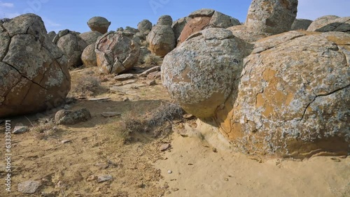 Valley with sphere stones in Kazakhstan. 4k footage UHD 3840x2160 