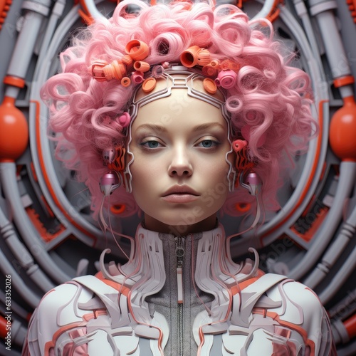 A woman with pink hair and a futuristic outfit stands defiantly, her artistic style radiating a bold and daring sense of freedom photo