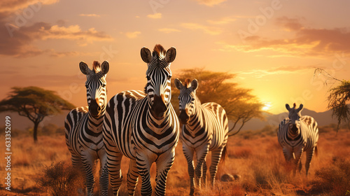 Herd of zebras in the morning sun. Generative AI