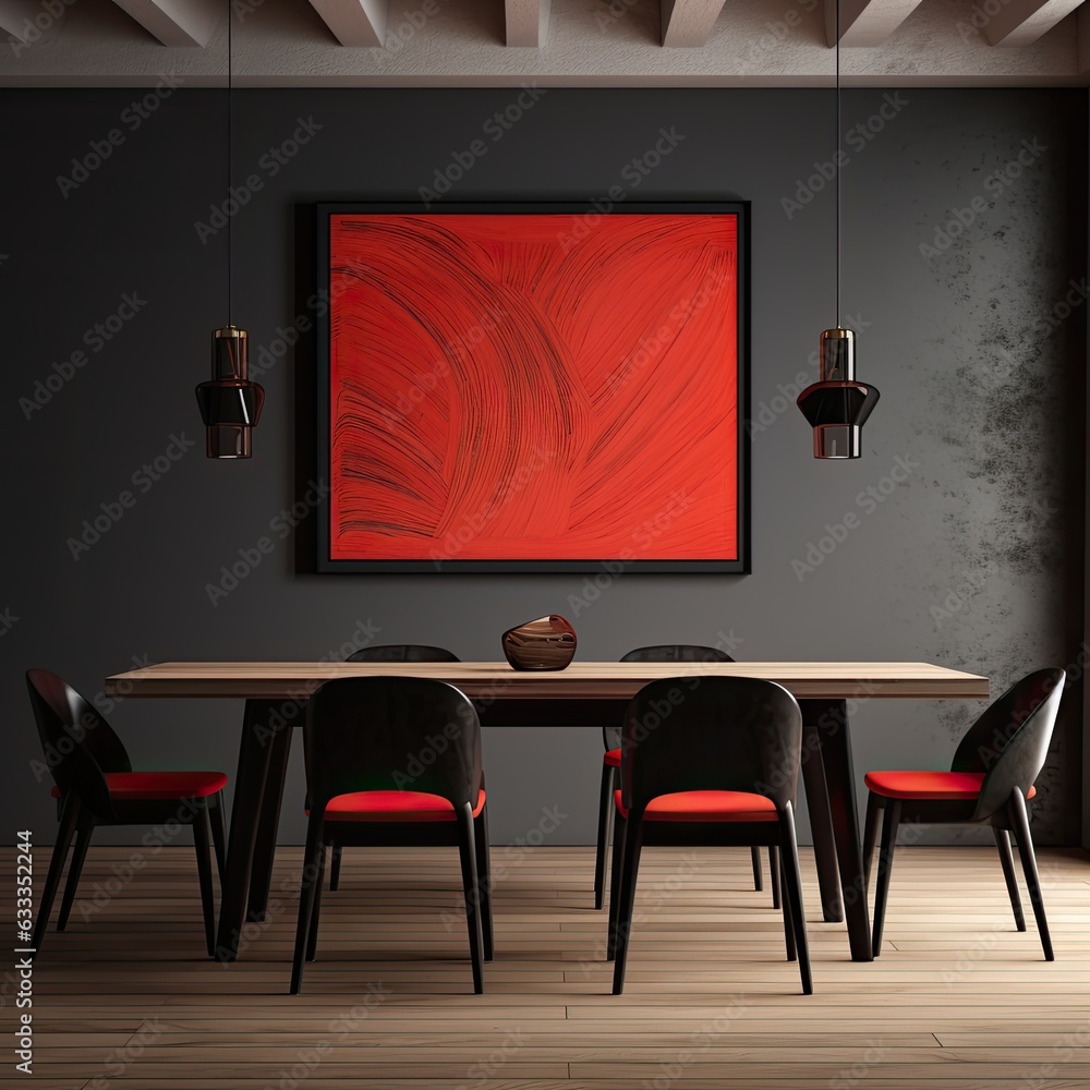 A vibrant red room with a sleek table and chairs set against the wall, creating a stunningly stylish and inviting atmosphere A vibrant red room with a sleek table and chairs set against the wall, creating a stunningly stylish and inviting atmosphere
