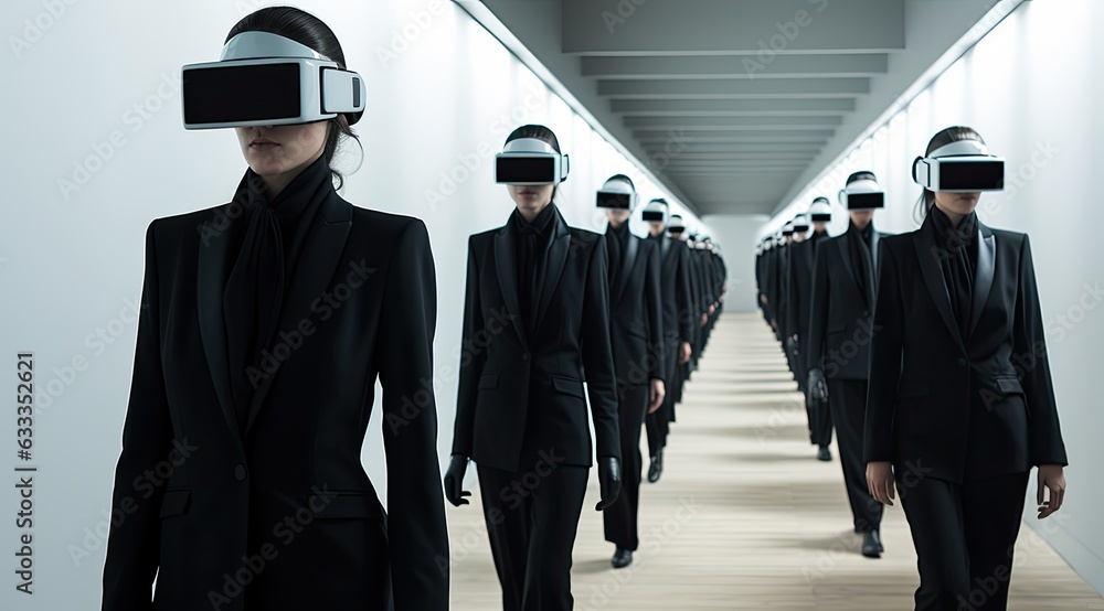 A group of elegantly dressed gentlemen stands indoors, each wearing a fashionable suit and a coat, immersed in a virtual reality world through their goggles