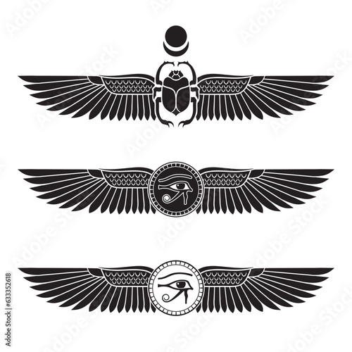 Sacred scarab beetle and eye of Horus ancient Egypt elements set hand drawn vector illustration