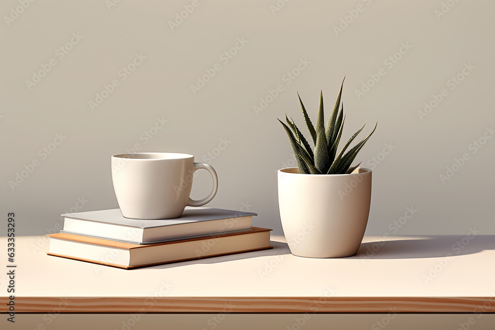 Fototapeta premium Medium size beige mug on books, small pot with aloe plant, in light colors