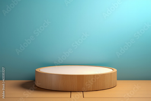 A podium mock-up for product presentations with a minimalist abstract concept featuring a wooden design and a sky-blue background.