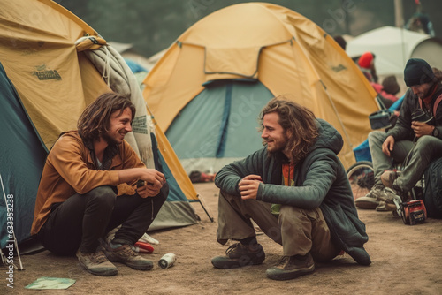 A group of cheerful backpackers captured candidly in their element at a lively campsite. Generative AI