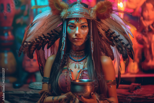 mystical world of a pretty Native American shaman woman as she embarks on a secret ayahuasca ritual, filled with wonder, spiritual revelations, and a psychedelic trip. Generative AI photo