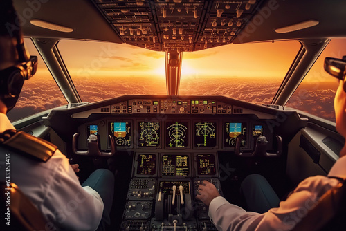 Two pilots are gripping the control yoke of an airplane with their hands in a first-person POV, working together to navigate the aircraft safely through the sky. Generative AI