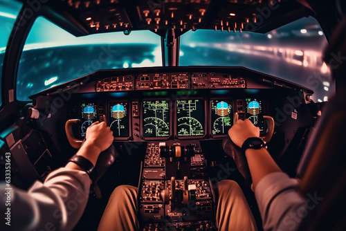 Two pilots are gripping the control yoke of an airplane with their hands in a first-person POV, working together to navigate the aircraft safely through the sky. Generative AI