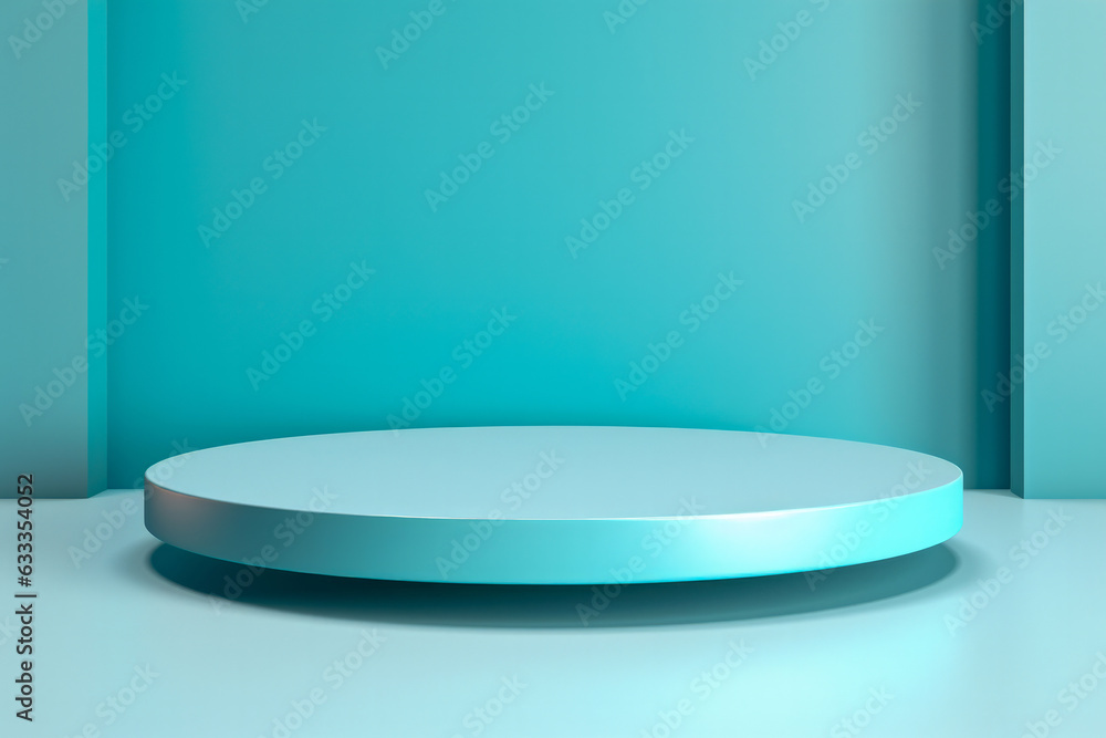 Display for product designs is placed on a round podium with a turquoise color and blue room background. Display for product designs is placed on a round podium with a turquoise color and blue room background.