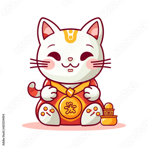 Vector Lucky Cat illustration isolated on white background. Maneki neko trendy character. Cute kitty rich and happy © Bodega