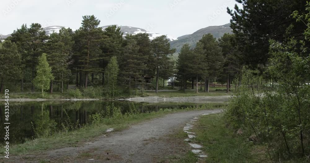 Beautiful lake at the foot of a mountain in Norway surrounded by coniferous trees. Beautiful lake at the foot of a mountain in Norway surrounded by coniferous trees.