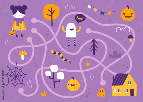 Mini labyrinth halloween game with cute baby searching for home. Creepy doodle vector maze for kids.