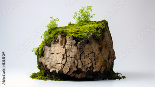 An enchanting natural brand mockup formed by an old wooden stump adorned with green moss and flowers. This mockup is carefully isolated on a pure white background, complete with clipping paths