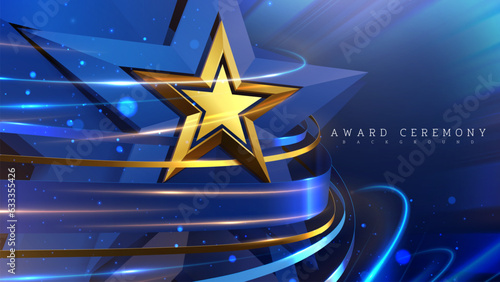 3d gold star with blue ribbon elements with light beam effects and bokeh decorations on dark scene. Luxury award ceremony background.