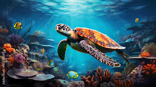 An underwater scene with a sea turtle slowly swimming amidst coral reefs