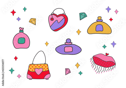 Set of cute hand drawn comic perfume bottle and handbag icons. Bright colorful vector illustration bundle isolated on white background