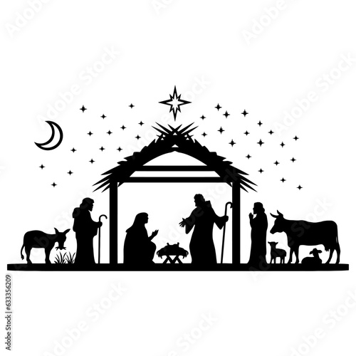 Holy Night silhouette - Nativity scene of baby Jesus silhouette in a manger with Mary and Joseph with the three wise men. Christian Christmas silhouette of animals. Illustration for children.