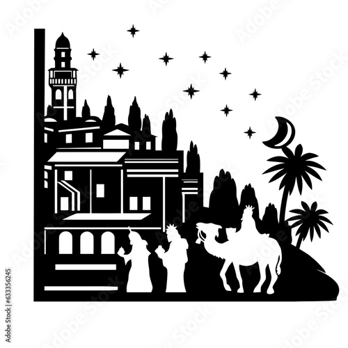 Holy Night silhouette - Nativity scene of baby Jesus silhouette in a manger with Mary and Joseph with the three wise men. Christian Christmas silhouette of animals. Illustration for children.