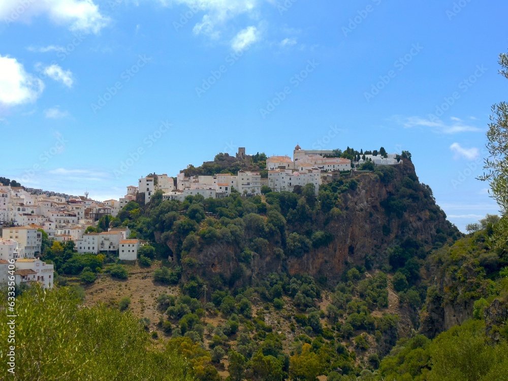 Spectacular view of the hilltop village of Casares with typical Andalusian white houses, Tourism, Estepona, Andalusia, Malaga, Spain