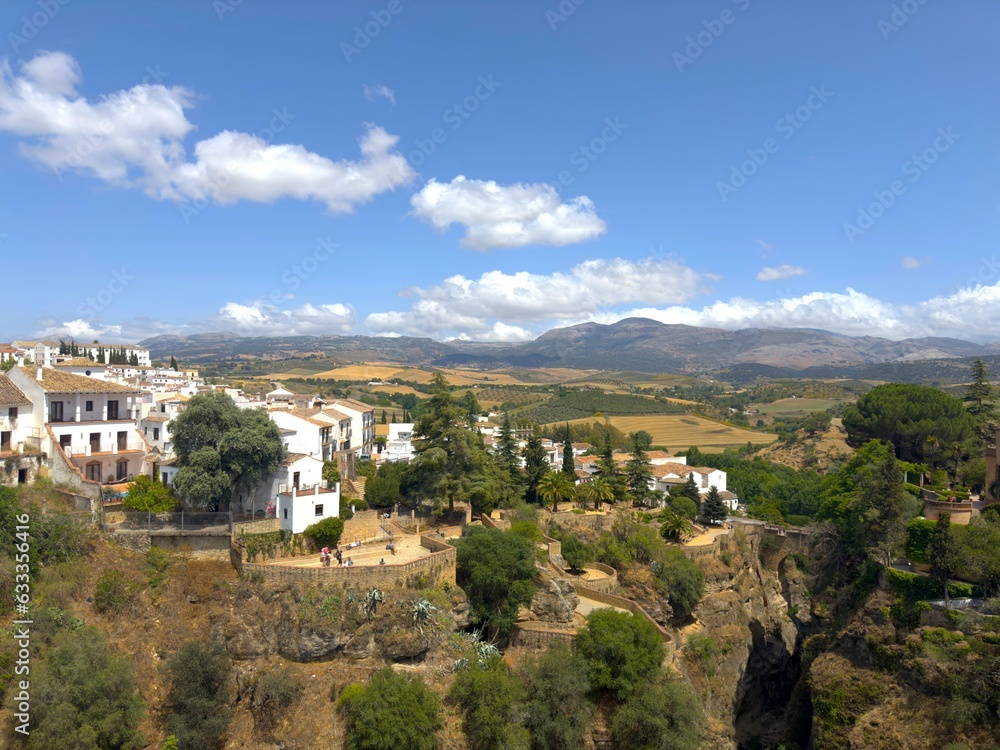 view from the Mirador de Aldehuela over the Jardines de Cuenca und the famous canyon with the Guadalevín River in Ronda, Málaga, Andalusia, Spain