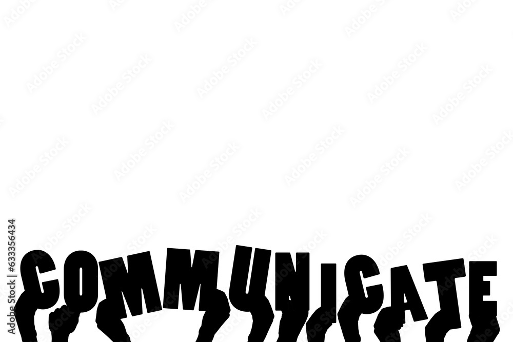 Digital png illustration of hands with communicate text on transparent background Digital png illustration of hands with communicate text on transparent background