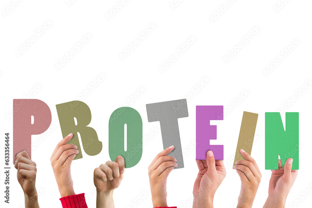 Fototapeta premium Digital png illustration of hands with protein text on transparent background