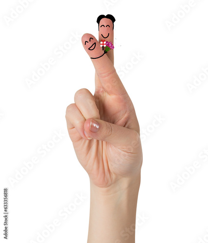 Digital png illustration of fingers with characters with presents on transparent background