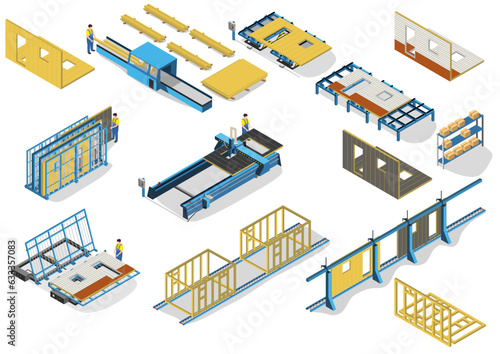 Ensemble d’éléments vectoriels, scierie, machine, bois, ouvrier, panneaux, rails, stockage.