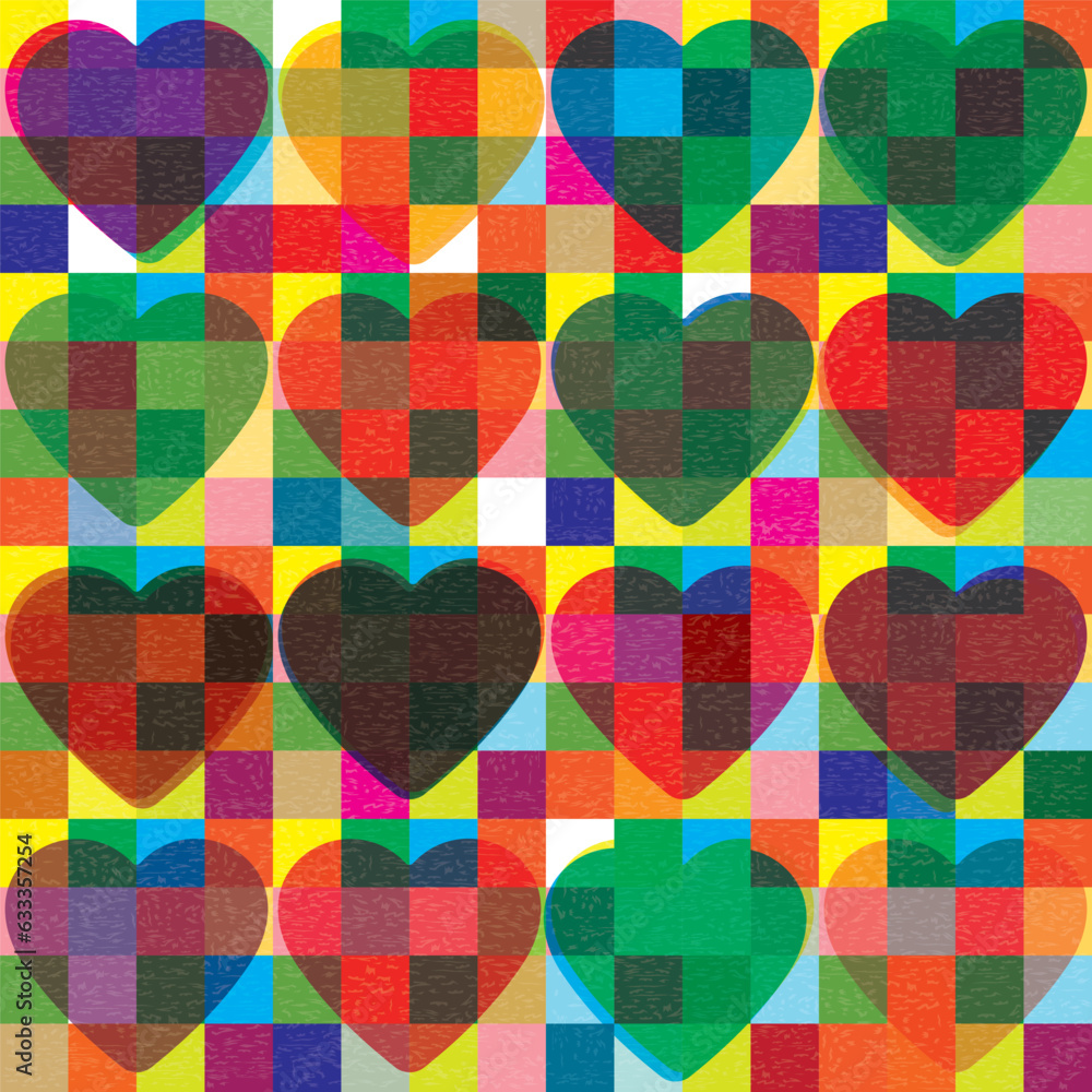 Heart shapes overlap transparent on colorful mosaic background with riso print effect vector illustration . Valentine card retro risograph technique. 
