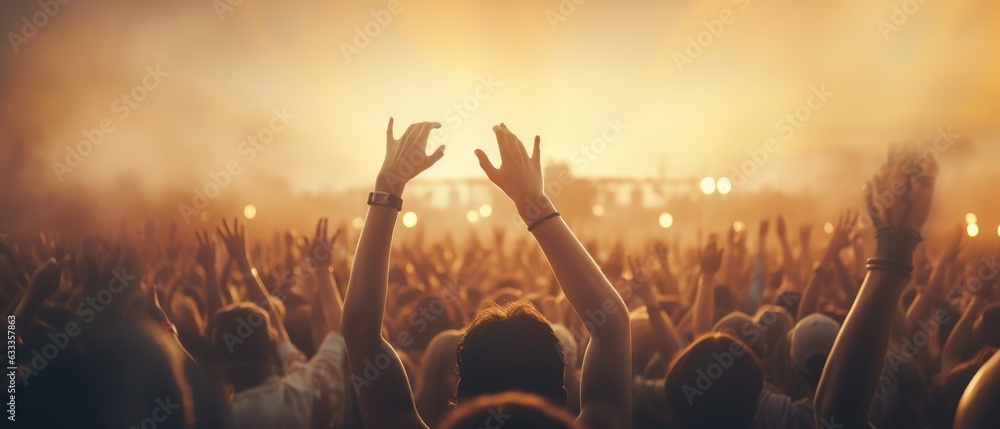 Cheering crowd with hands in air at music festival in front of musical ...