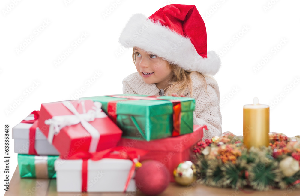 Digital png photo of caucasian girl with santa claus hat on transparent background Digital png photo of caucasian girl with santa claus hat on transparent background