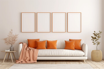 Four empty vertical picture frames in a modern living room with white sofa, orange pillows and plants. Wall art mockup set of 4 posters.