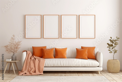 Four empty vertical picture frames in a modern living room with white sofa, orange pillows and plants. Wall art mockup set of 4 posters. © Iryna