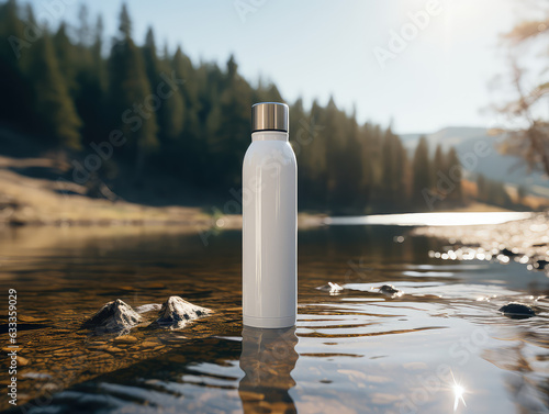 White clear stainless thermos bottle in water against the backdrop of nature. Creative mockup of reusable bottle for traveling and hiking.