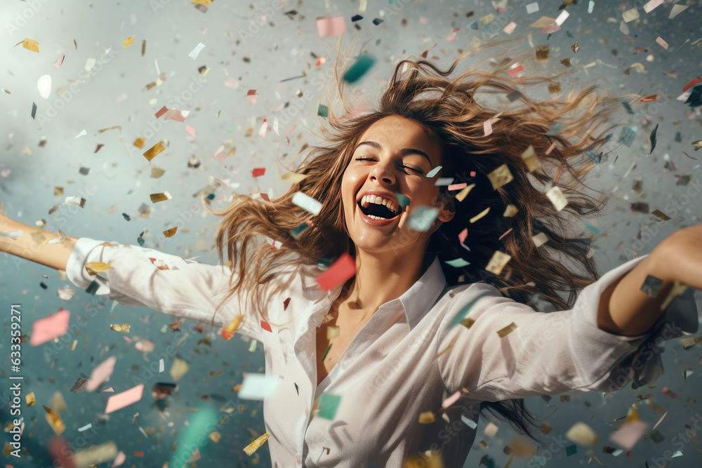 Happy woman dancing under confetti. AI generated