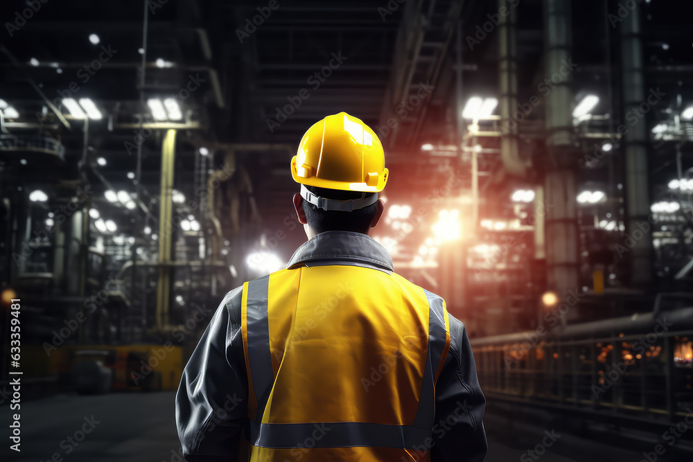 Industry worker from behind with safety jacket and helmet at refinery plant looking at the factory, heavy industrial wallpaper. Industry worker from behind with safety jacket and helmet at refinery plant looking at the factory, heavy industrial wallpaper.