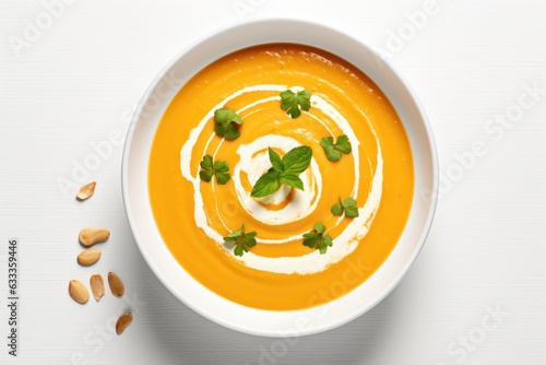 Vegan creamy roasted pumpkin soup top view. AI generated