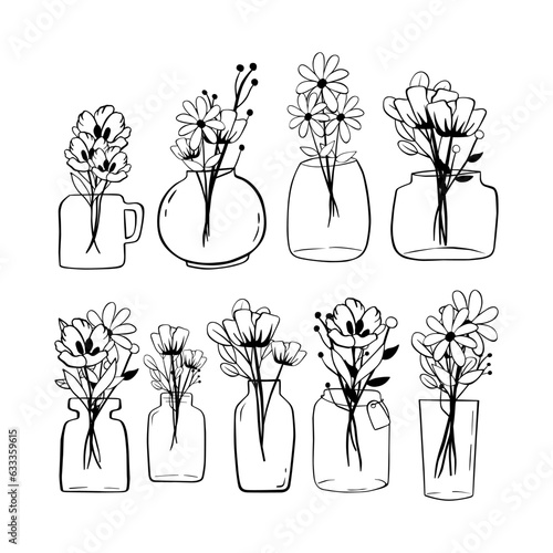 Black line doodle Flowers in Jar on white background. Vector illustration about nature.