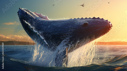 Humpback whale jumping out of the water at sunset. Generative AI