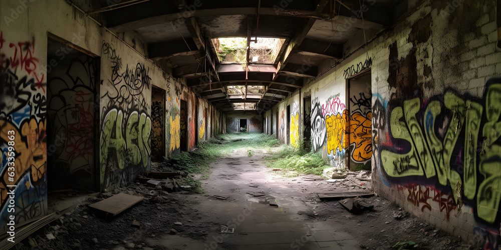 Urban decay abandoned buildings graffiti rust generative AI