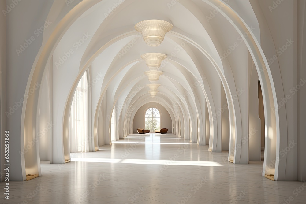 A grand, symmetrical indoor arcade of arched ceilings and walls illuminated by soft light, creating a timeless, elegant atmosphere of awe and beauty