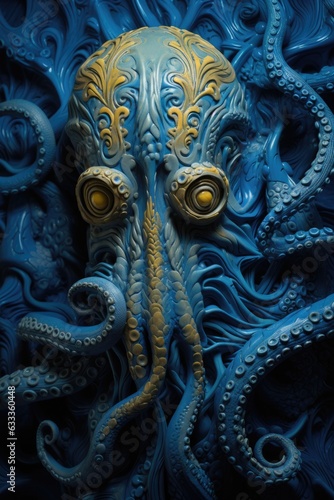 A vibrant and captivating octopus sculpture made of shimmering blue and gold hues captures the imagination, inviting viewers to explore the beauty of art and nature © mockupzord