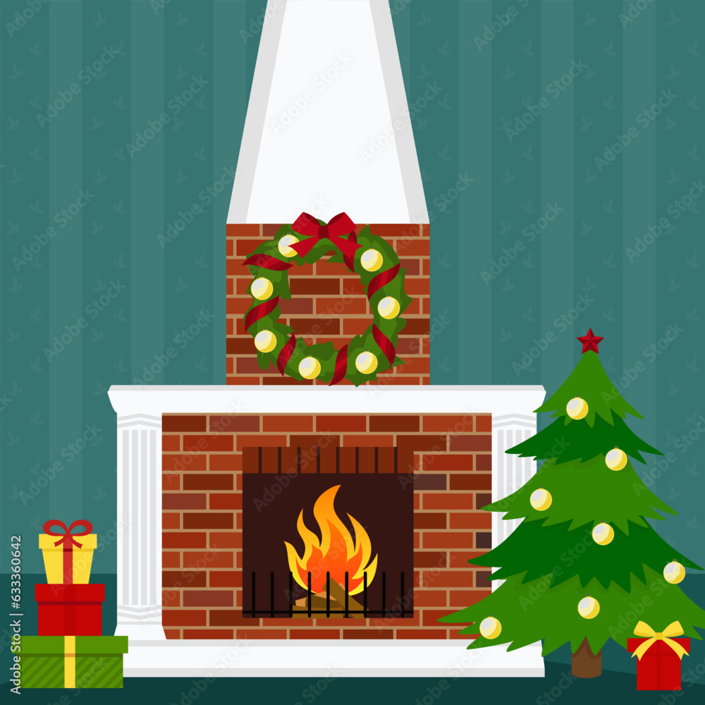 Φωτογραφία Vector illustration of a Christmas living room with fireplace, gifts, garland and fir-tree