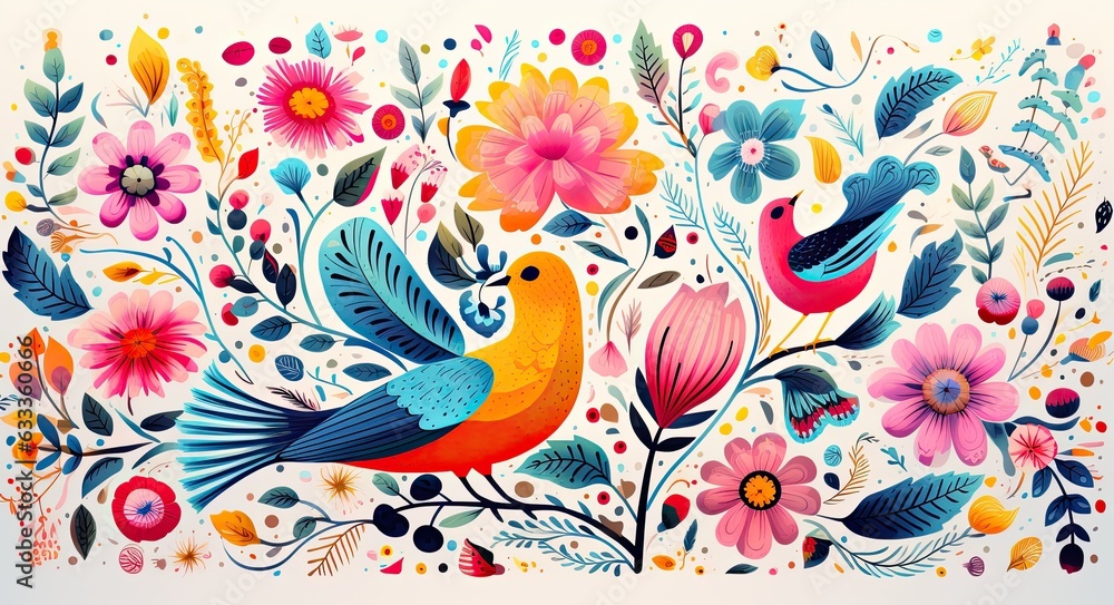 A vivid painting of a cartoon bird perched atop a lush bed of flowers radiates with color and exudes an air of whimsical creativity