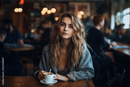 Portrait of young woman having break drinking coffee in cafe.