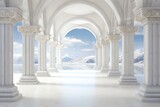 A majestic building with symmetrical columns arching gracefully against the cloudy sky and snow-covered landscape creates a breathtakingly serene scene
