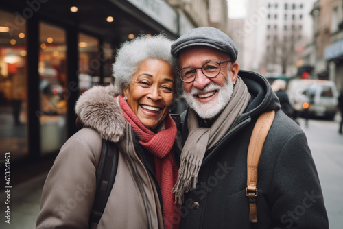 Happy elderly couple walking in the city.