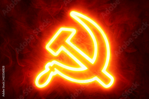Billede på lærred Neon glowing hammer and sickle communism symbol background