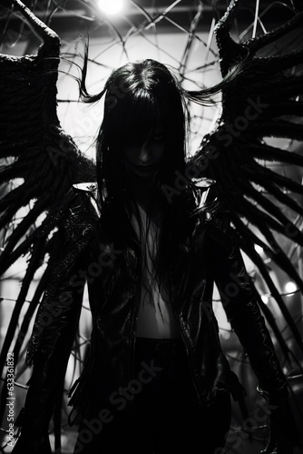 Black Angel with Wings, Demon Woman, Black and White